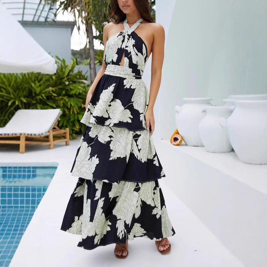 Halter Lace-Up Tiered Maxi in - by Malbusaat