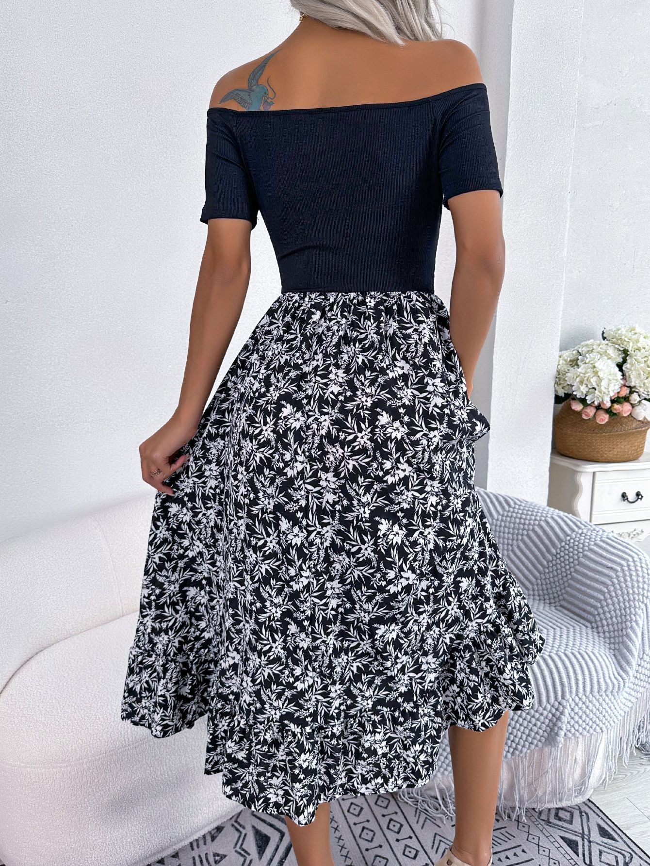 Floral Off-Shoulder Ruffle Patchwork Midi Dress