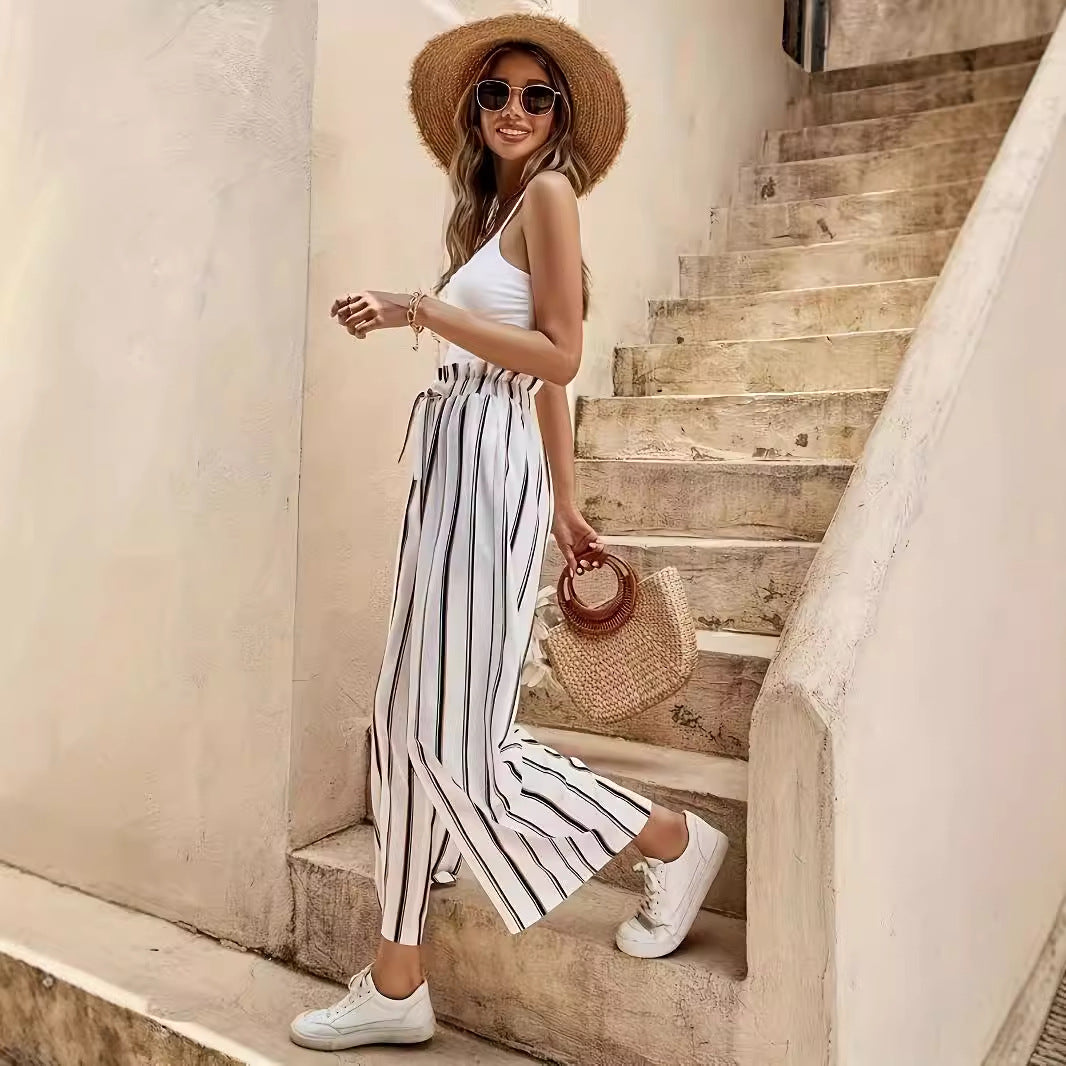 High-Waist Striped Wide-Leg Pants in - by Malbusaat