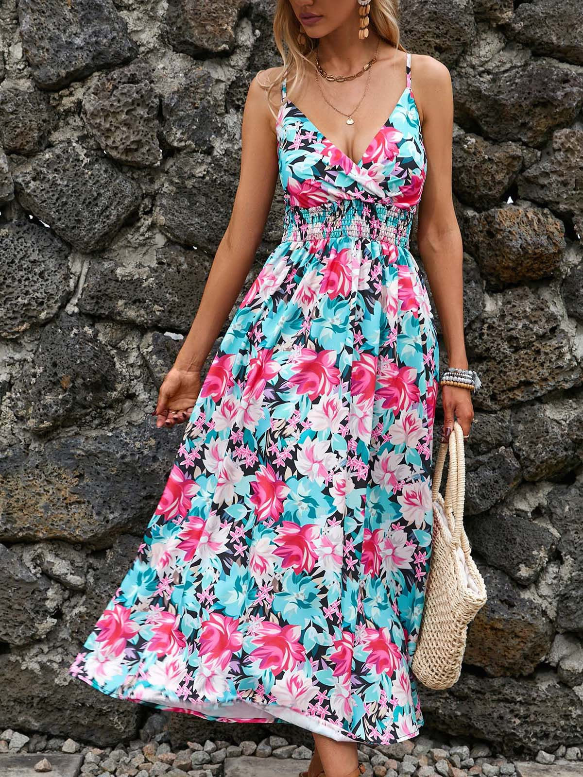 Floral V-Neck Midi Cami Dress in - by Malbusaat
