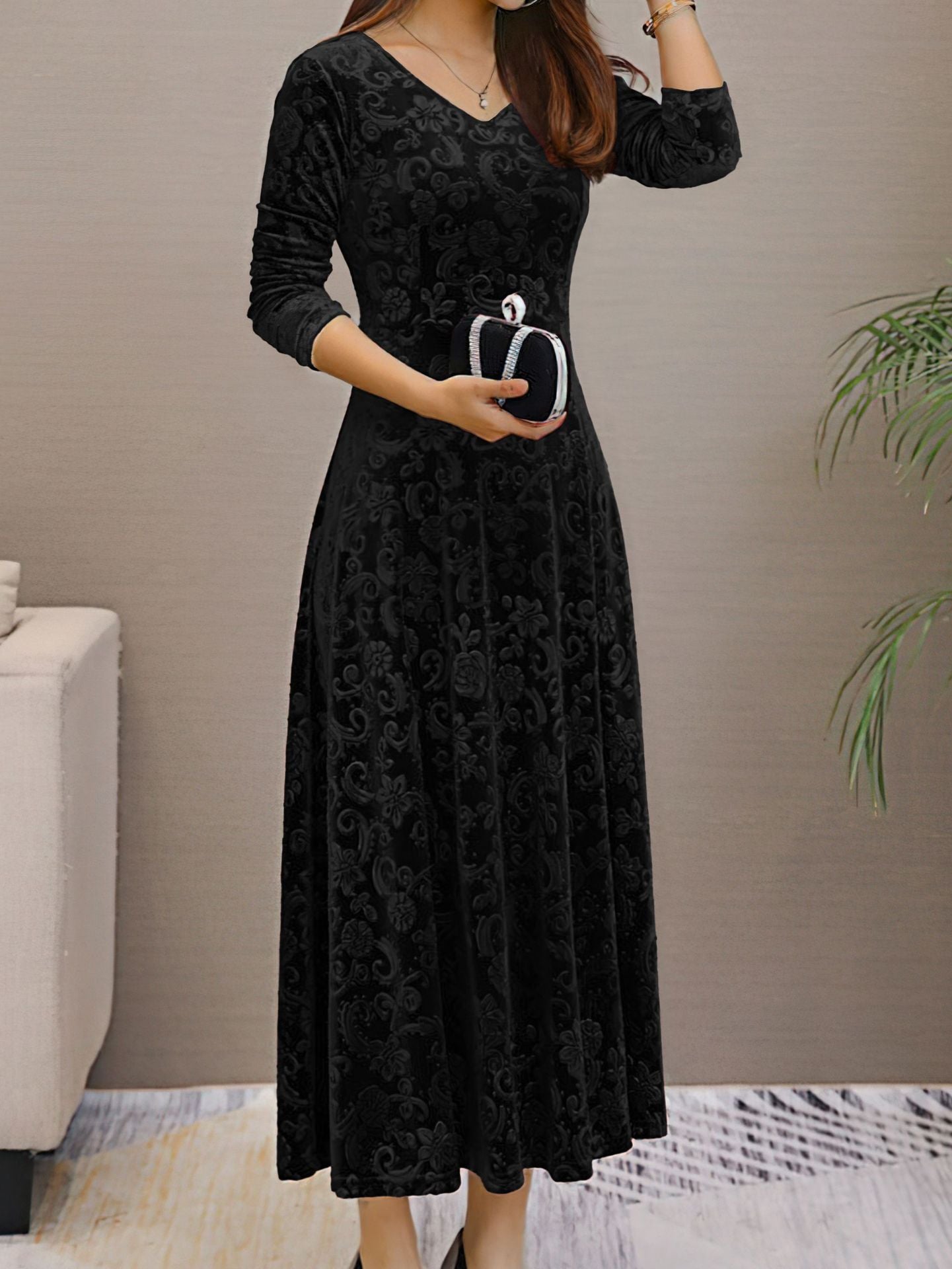 Plus Size Velvet Mid-Length Dress in - by Malbusaat