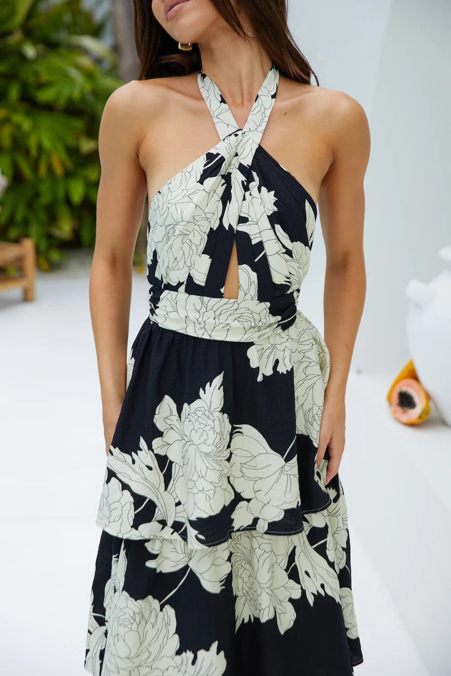Halter Lace-Up Tiered Maxi in - by Malbusaat