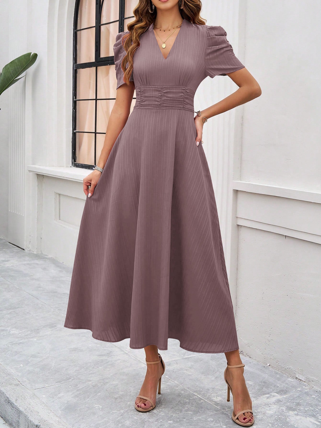 V Neck Short Sleeve High Waist Maxi in - by Malbusaat