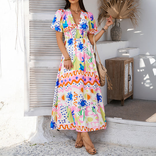 Printed Contrast Color V-neck Maxi in - by Malbusaat