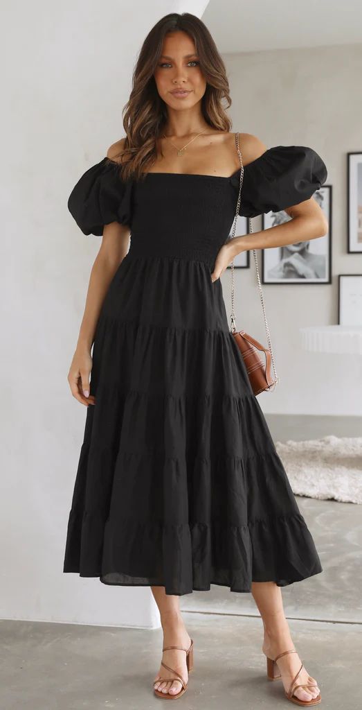 Printed Off-Shoulder Puff Sleeve Maxi in Black - by Malbusaat