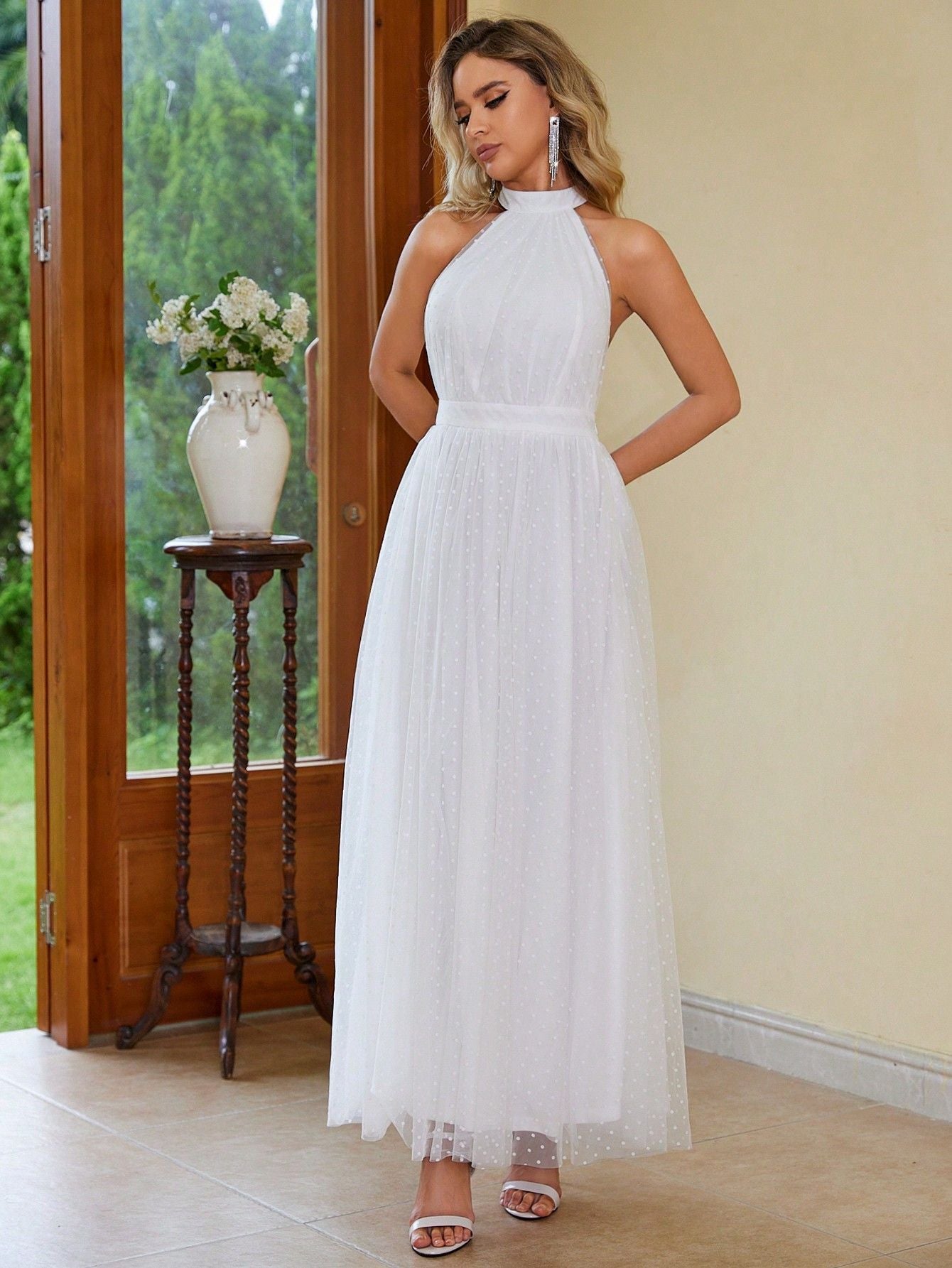 Elegant White Halter Mesh Maxi in - by Malbusaat