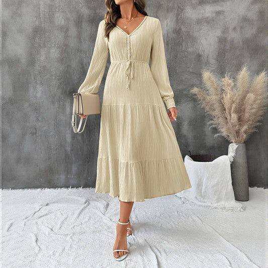 Autumn Pleated V-Neck Maxi Dress