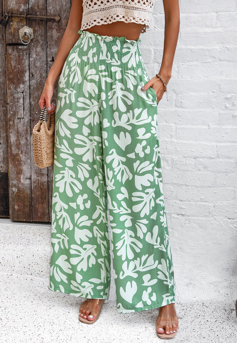 Abstract Print Smocked Waist Wide Leg Trousers