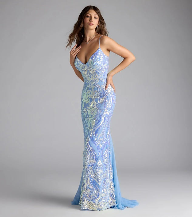 Blue Sequined V Neck Evening Dress in - by Malbusaat