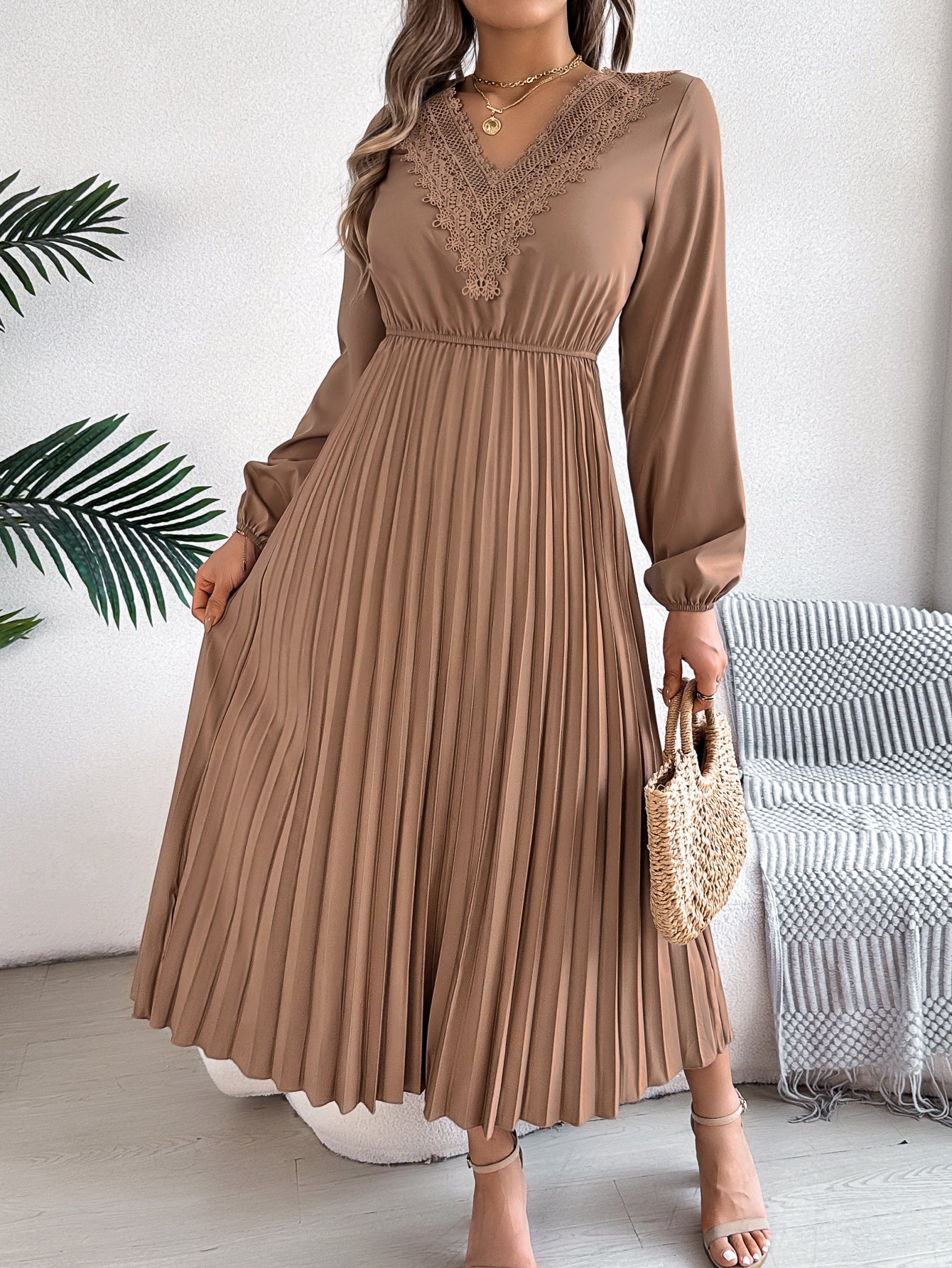 Elegant Lace V-Neck Pleated Long Sleeve Midi Dress in Khaki - by Malbusaat