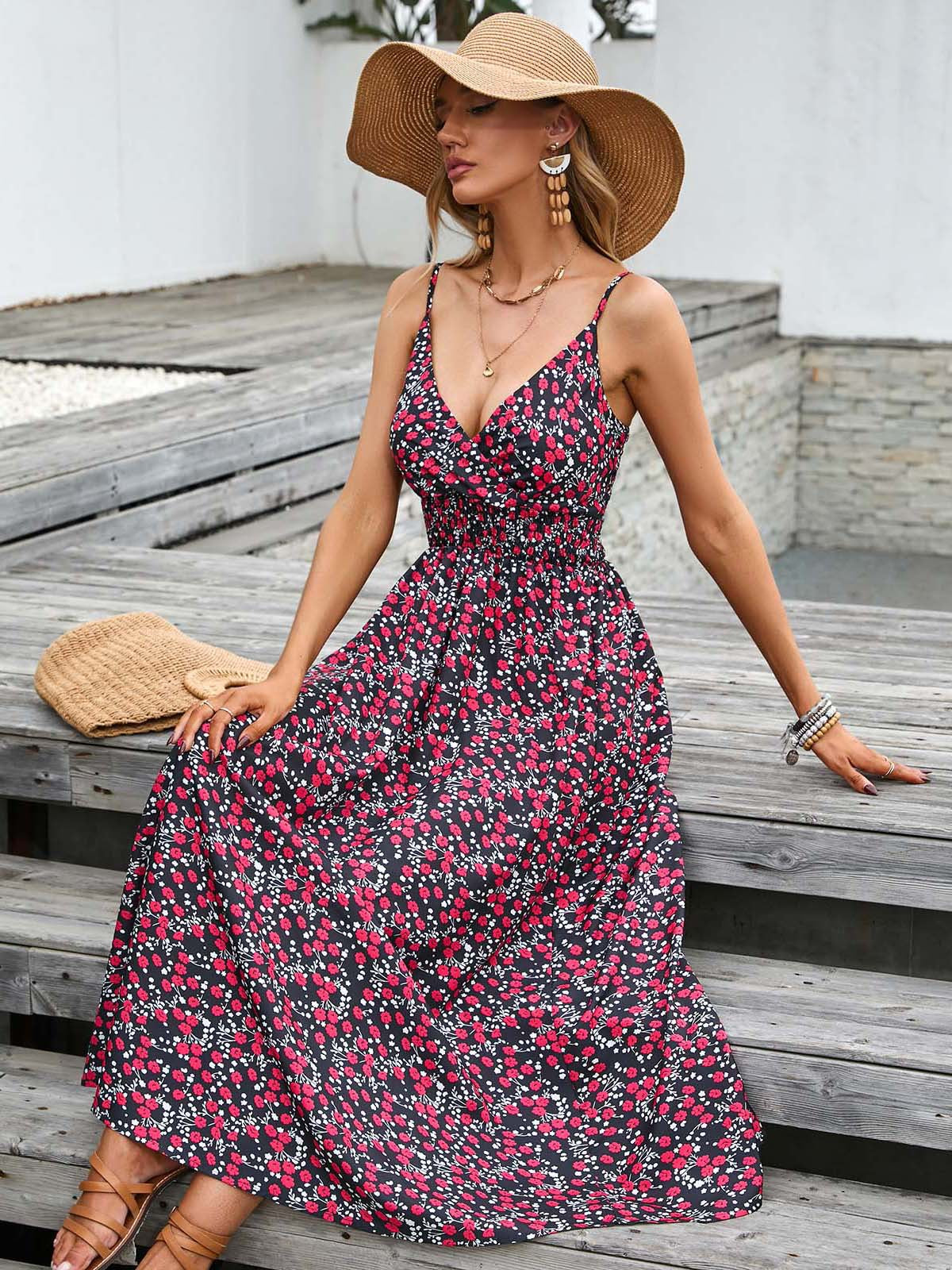 Floral V-Neck Midi Cami Dress in - by Malbusaat