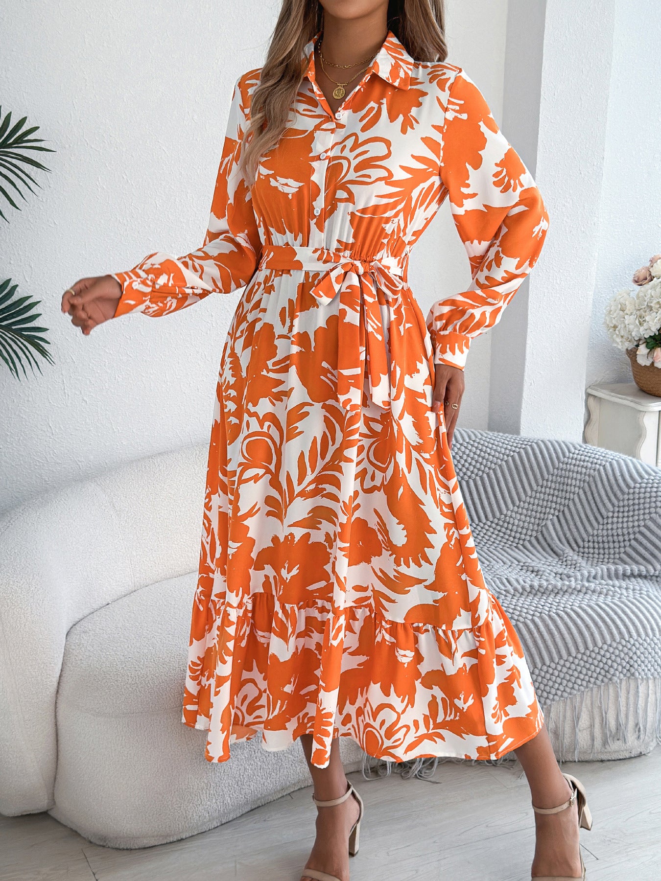 Elegant Floral Long Sleeve Shirt Dress
