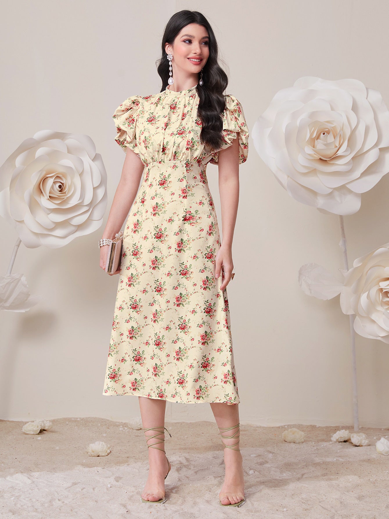 Elegant High Waist Puff Sleeve Dress in - by Malbusaat