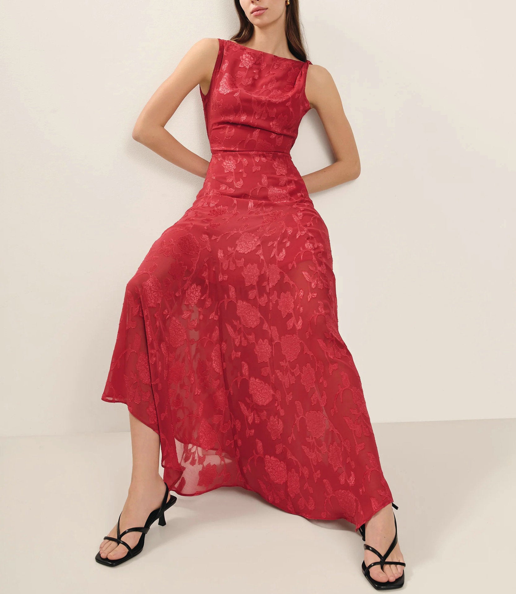 Red Lace Backless Floral Maxi Dress in - by Malbusaat