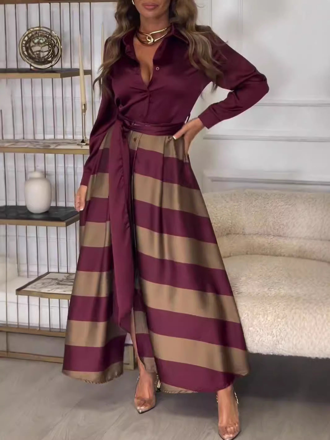 Elegant Collared Lace Stitching Maxi Dress in Wine Red Stripes - Maxi Dress, Dresses by Malbusaat