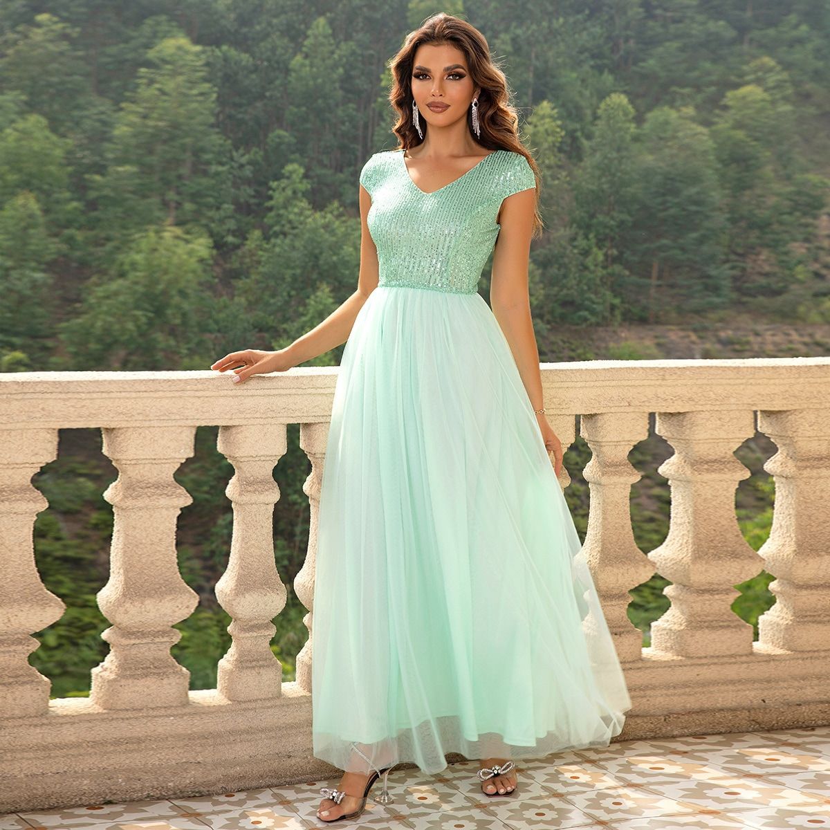 Dark Green Sequin Mesh Maxi in - by Malbusaat