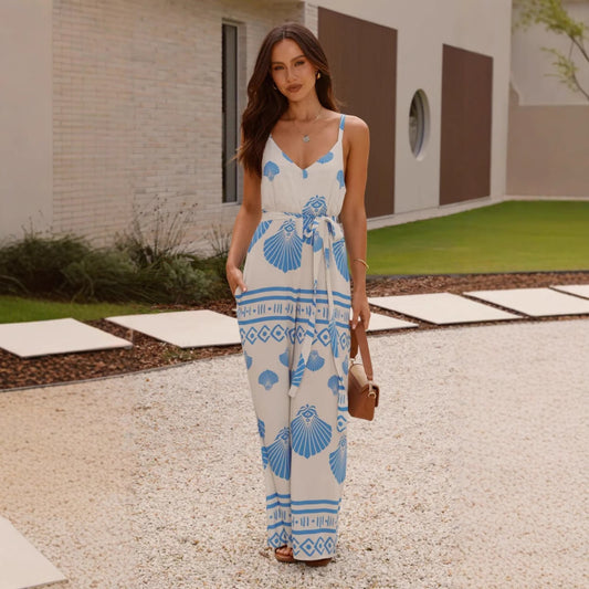 Printed V-neck Wide Leg Jumpsuit in - by Malbusaat