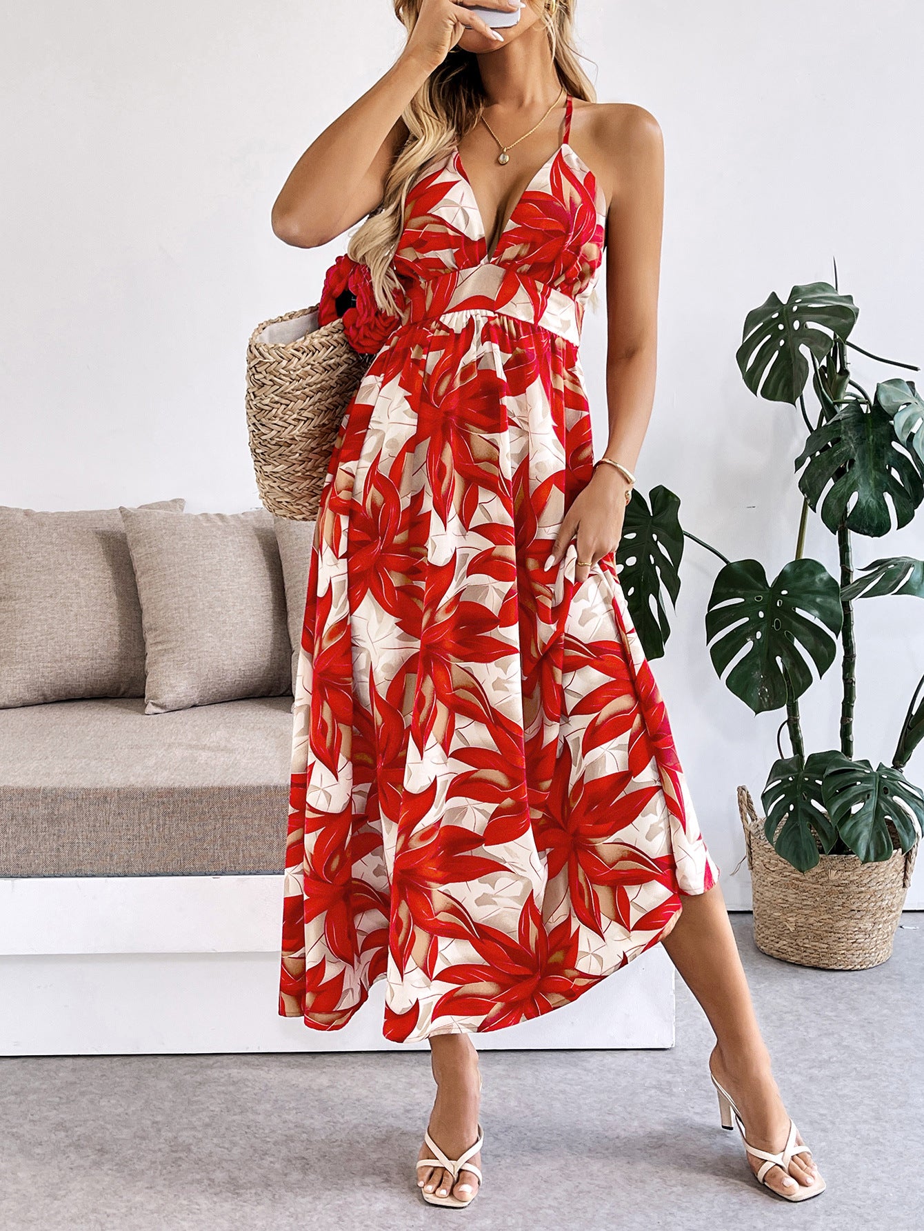 Maple Leaf Print Backless Maxi in - Dresses by Malbusaat
