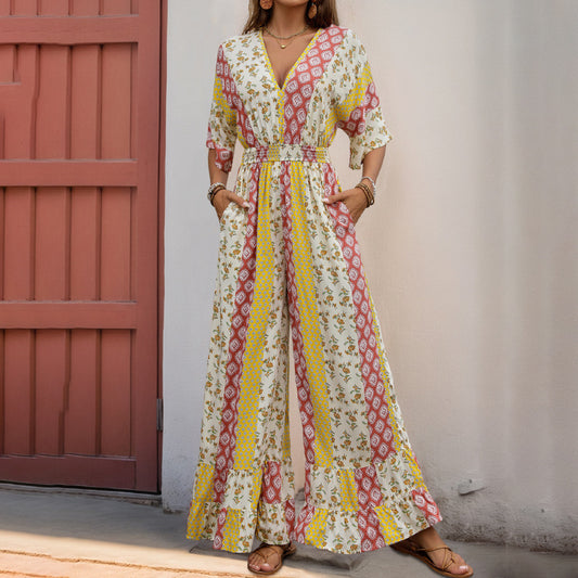 Geometric Striped Floral Printed Jumpsu in - by Malbusaat