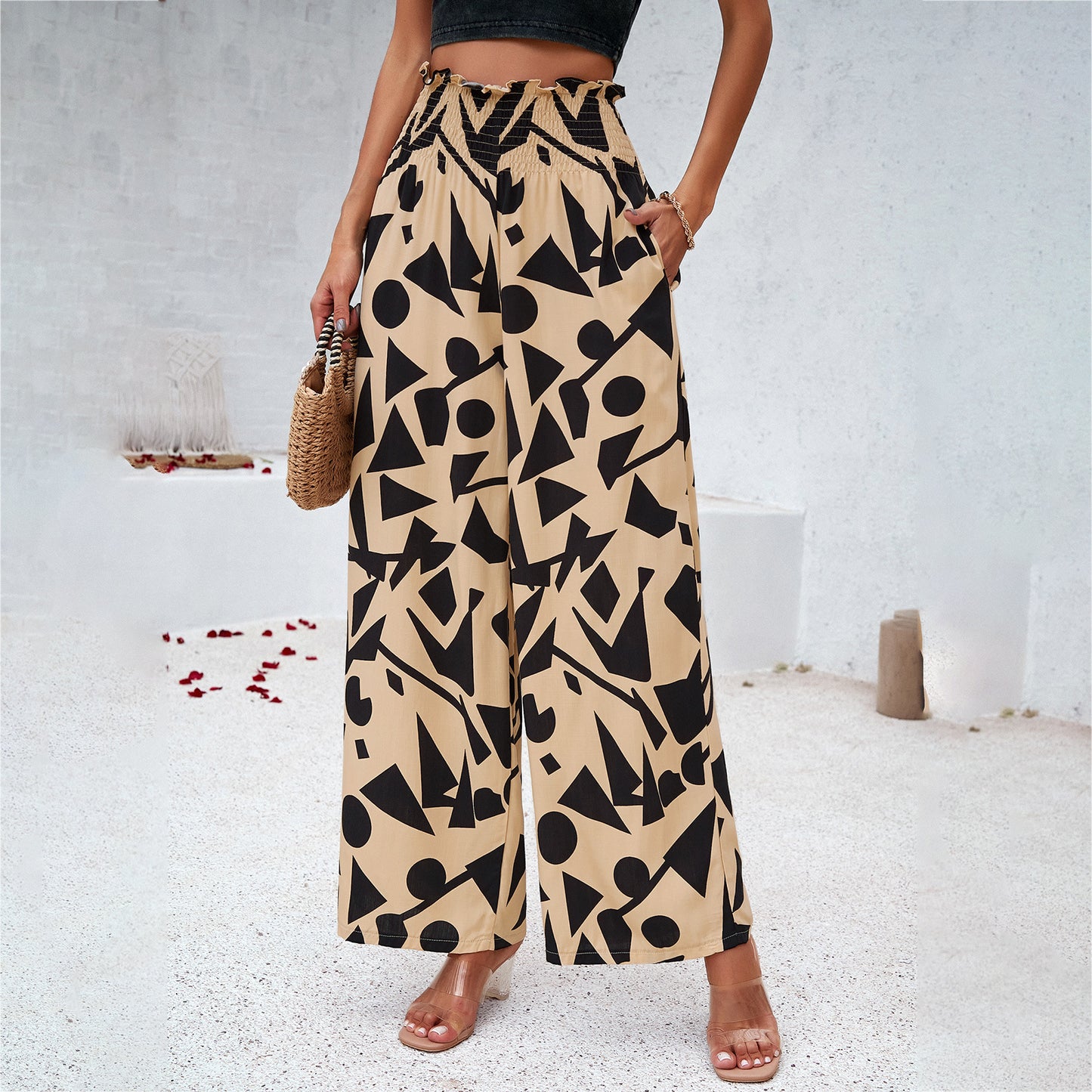 Abstract Print Smocked Waist Wide Leg Trousers