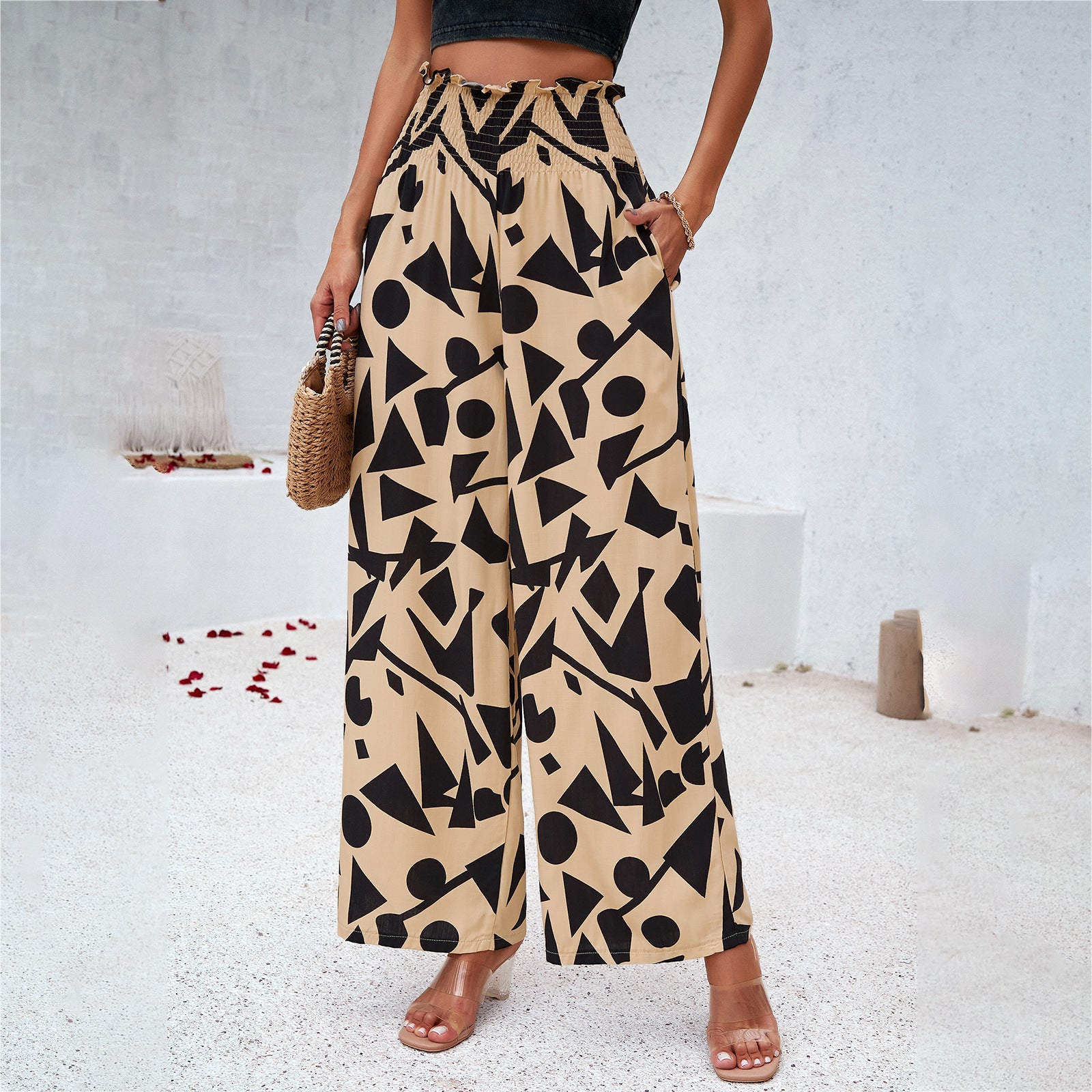 Abstract Print Smocked Waist Wide Leg Trousers in - by Malbusaat