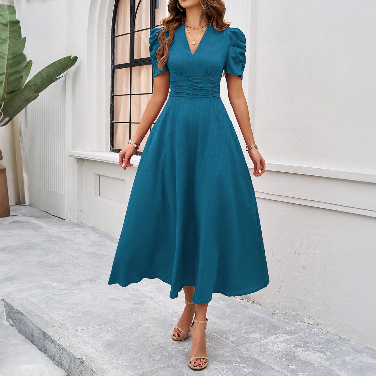 V Neck Short Sleeve High Waist Maxi in - by Malbusaat