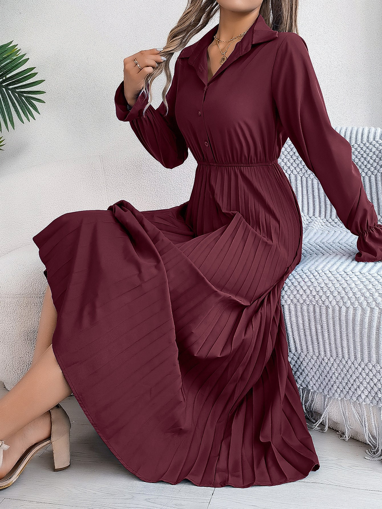 Elegant Collared Maxi Dress in Burgundy - by Malbusaat
