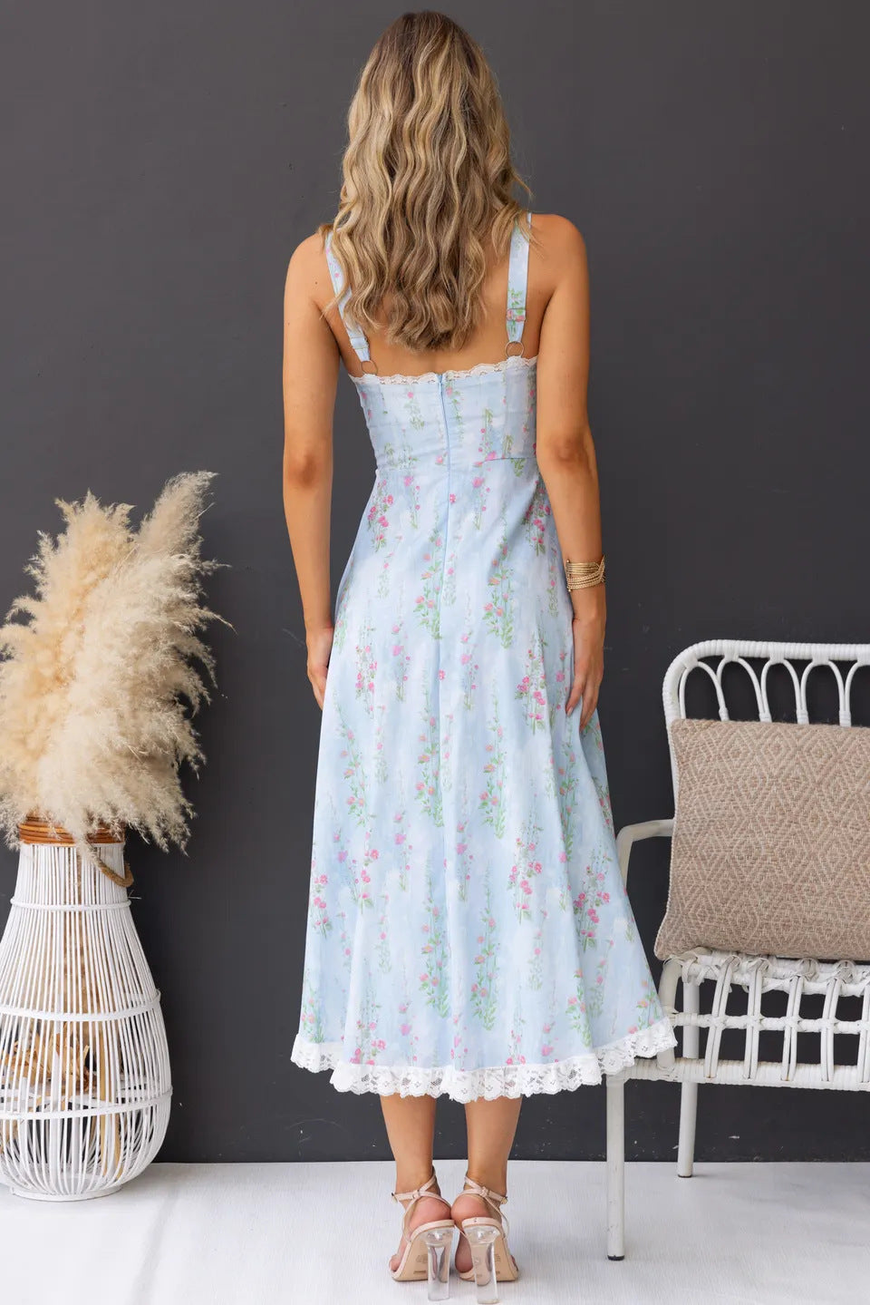 Slim Floral Print Lace Spaghetti Strap Dress