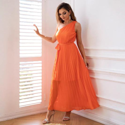 Elegant One-Shoulder Pleated Waist Maxi in - Maxi Dress, Dresses by Malbusaat