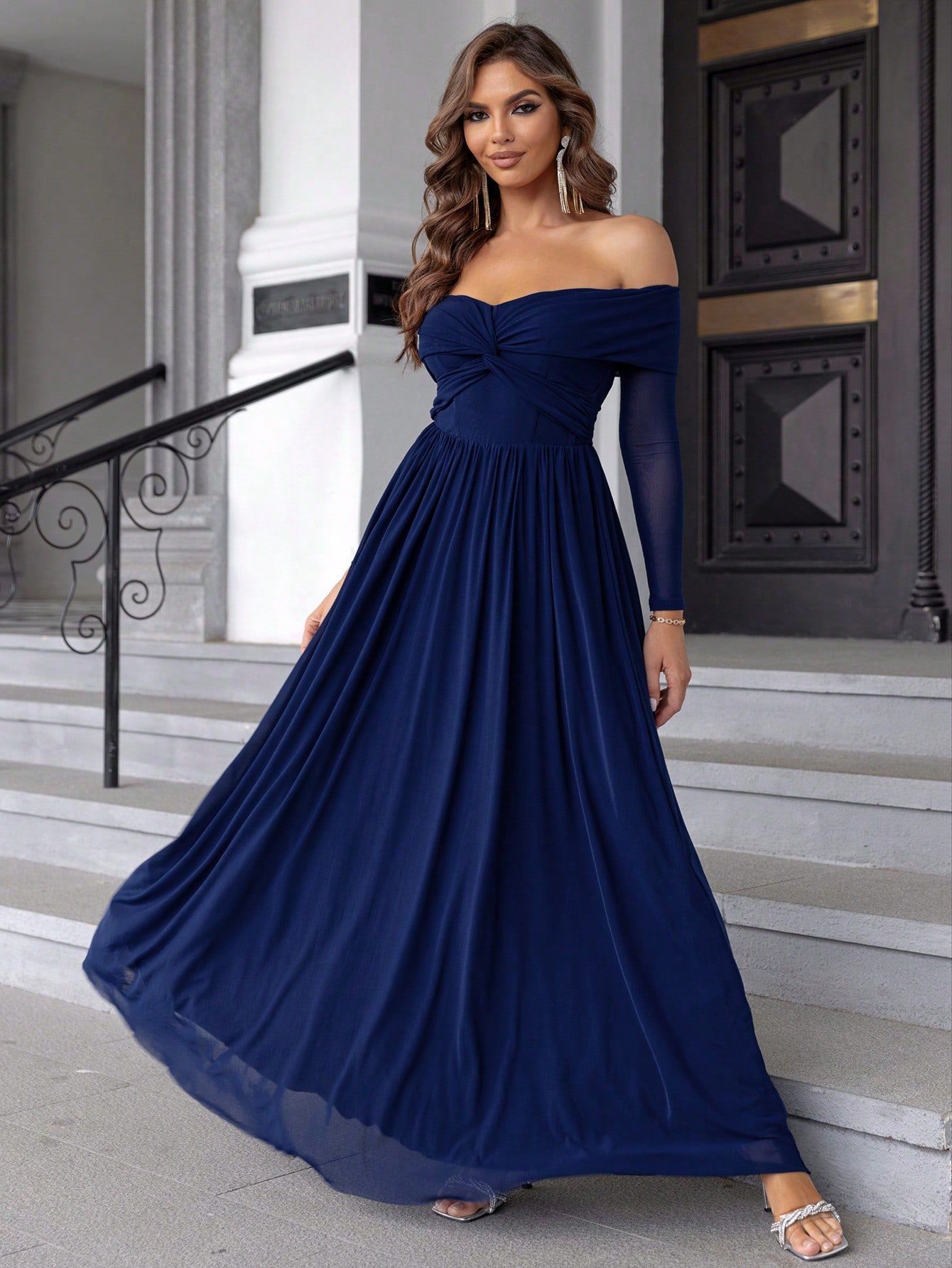 Royal Blue Off-Shoulder Mesh Maxi in - by Malbusaat