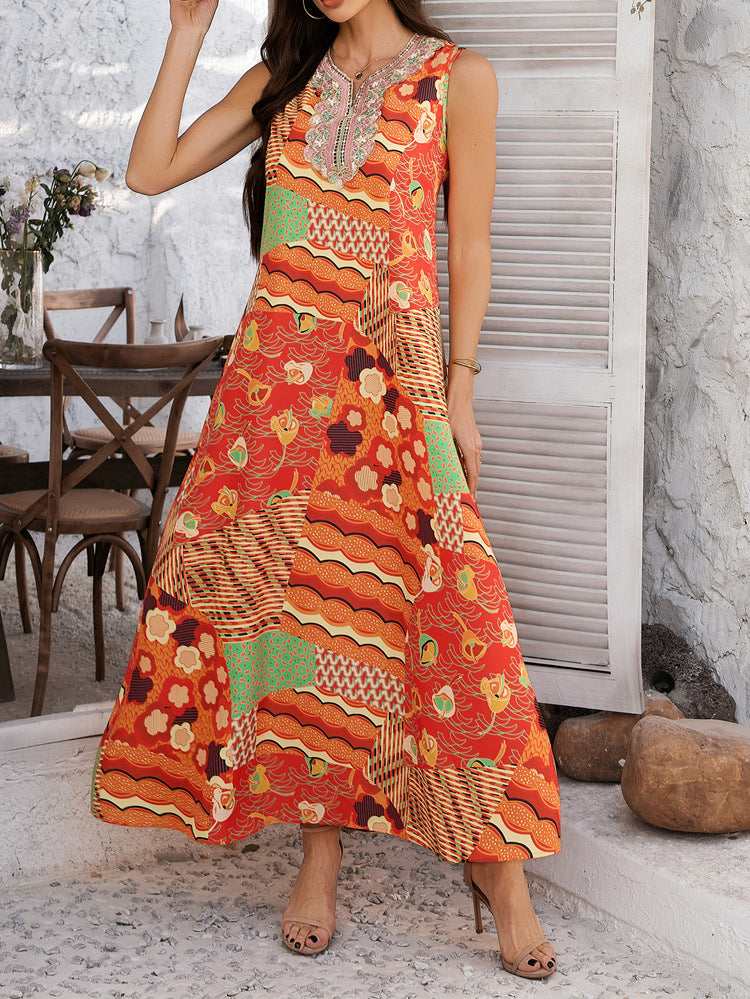 Printed Contrast Color Sleeveless Maxi in - by Malbusaat