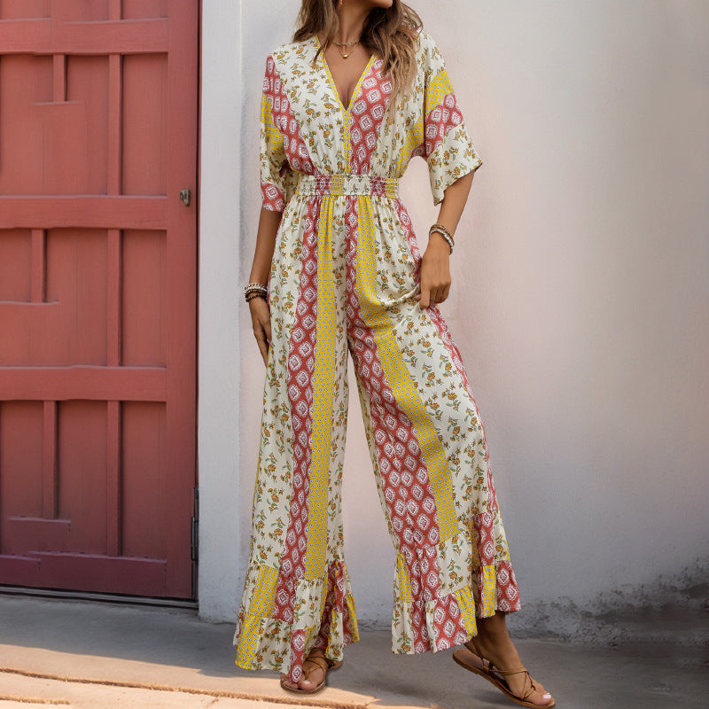 Geometric Striped Floral Printed Jumpsu in - by Malbusaat