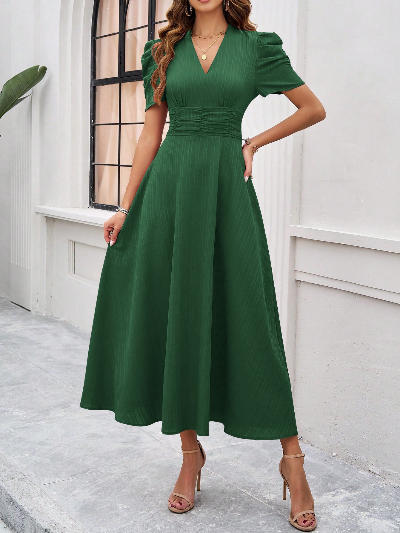 V Neck Short Sleeve High Waist Maxi in - by Malbusaat