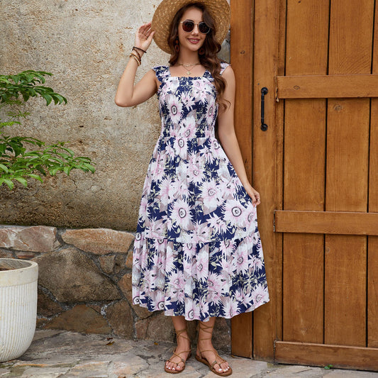 Floral Ruffle Sleeve Square Neck Midi Dress in - by Malbusaat