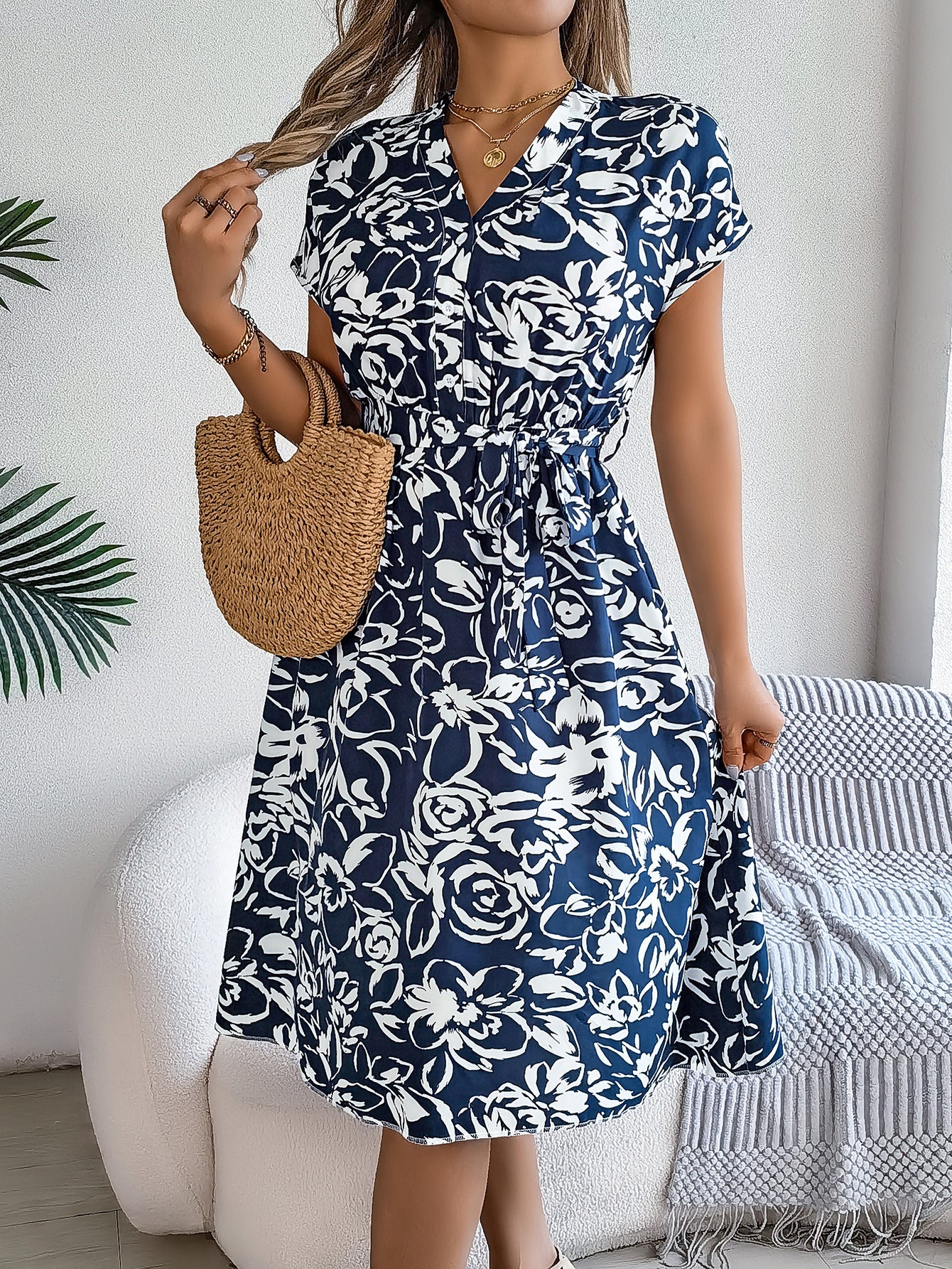Elegant Floral Swing Dress in Navy Blue - by Malbusaat