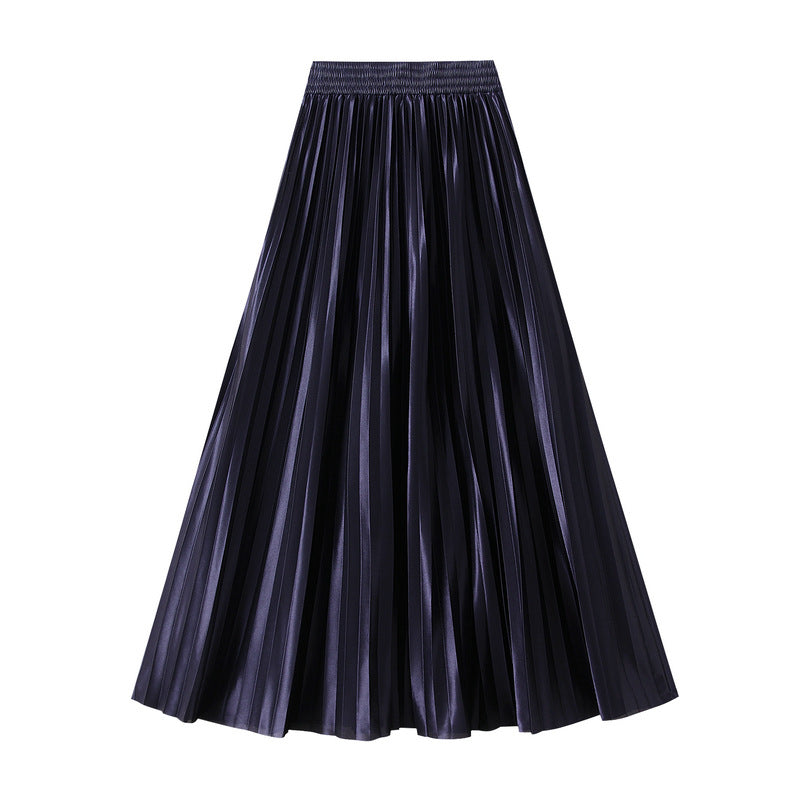 Glossy High-Waist Pleated A-Line Skirt in One Size Navy Blue - by Malbusaat