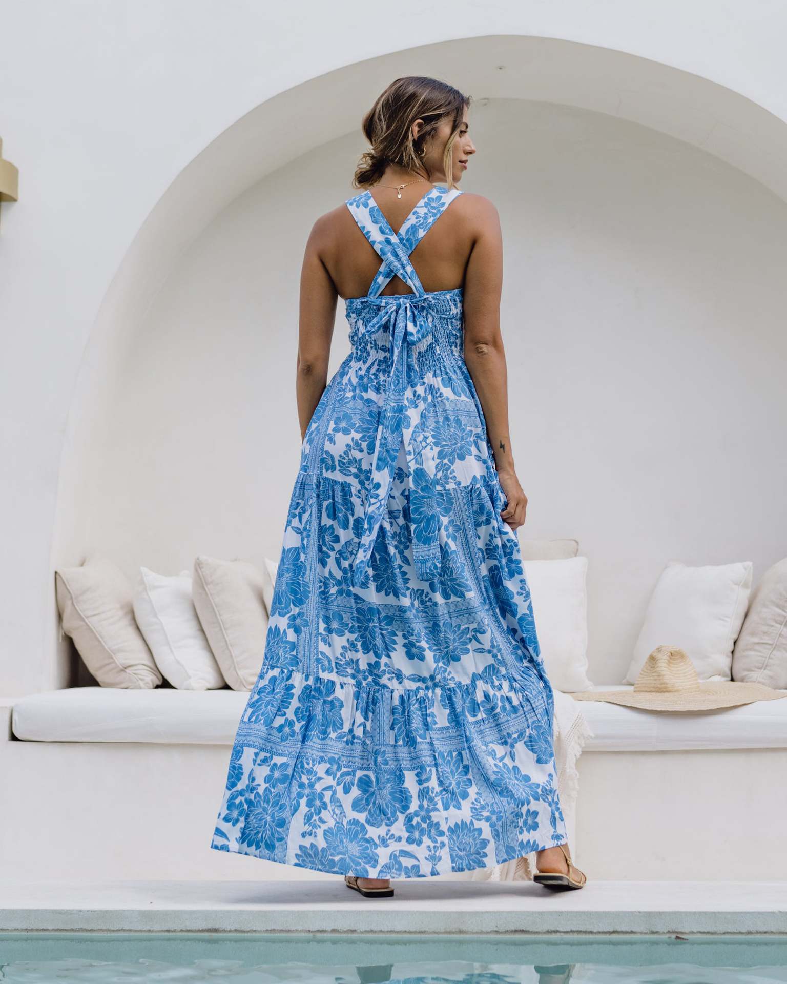Boho Print Smocked Spaghetti Strap Midi Dress in - by Malbusaat