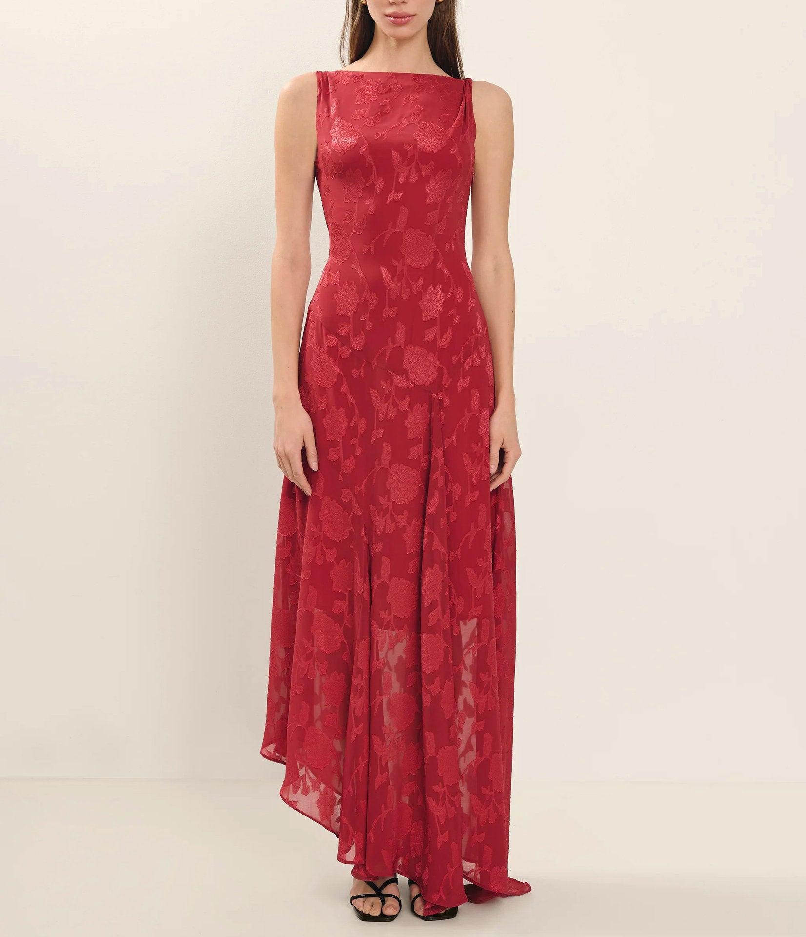 Red Lace Backless Floral Maxi Dress in - by Malbusaat