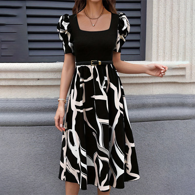 Graffiti Print Square Neck Puff Sleeve Midi Dress