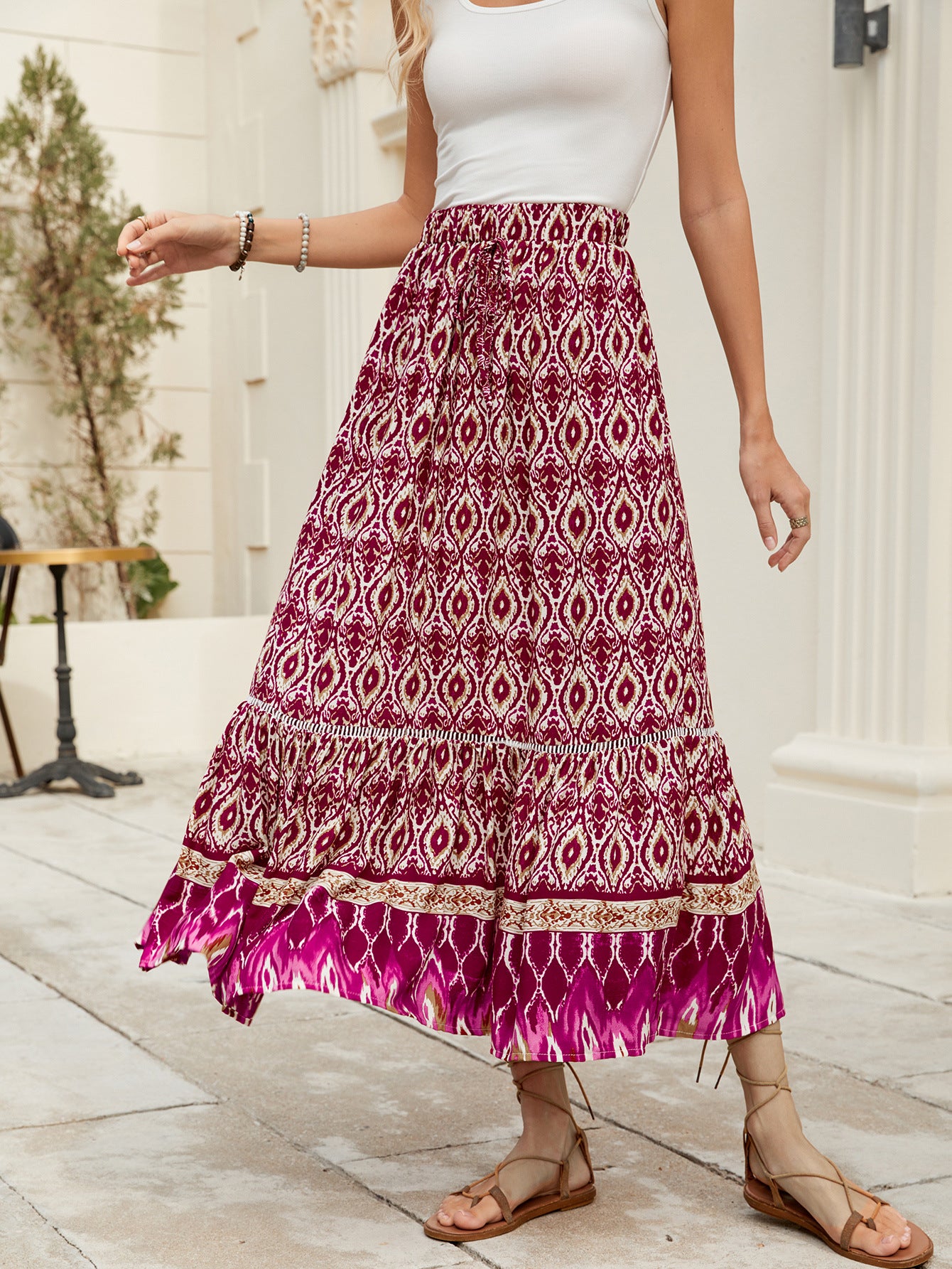 Elegant Boho Printed High-Rise Maxi Swing Skirt in - by Malbusaat
