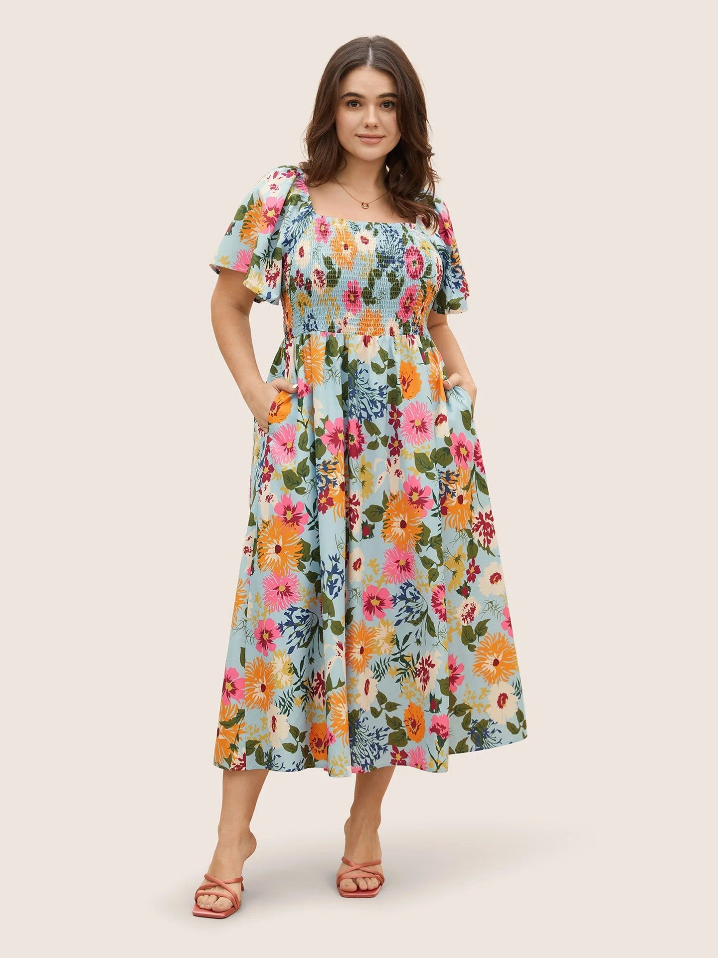 Plus Size Floral Square Neck Midi Dress in - by Malbusaat