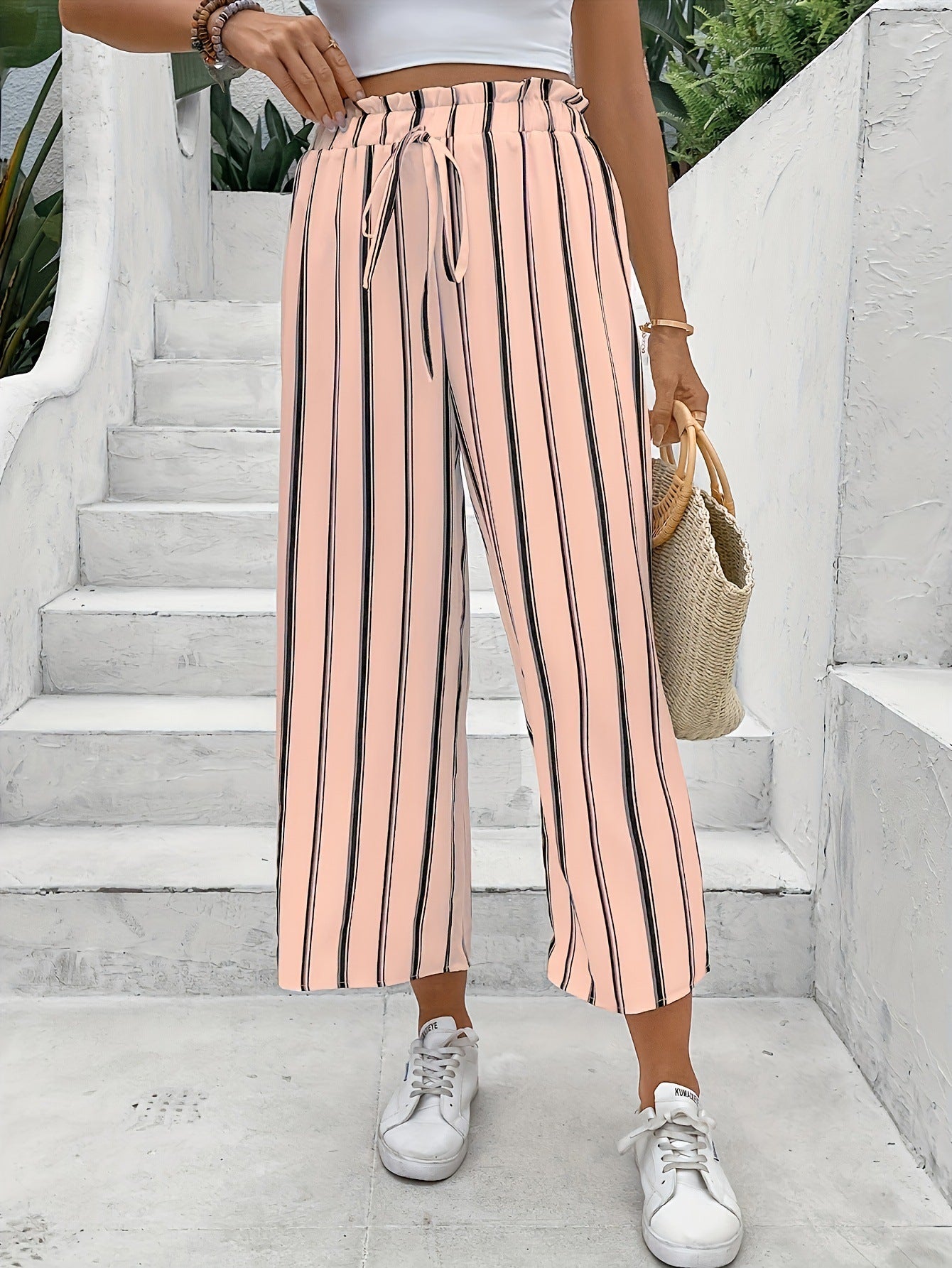 High-Waist Striped Wide-Leg Pants in - by Malbusaat