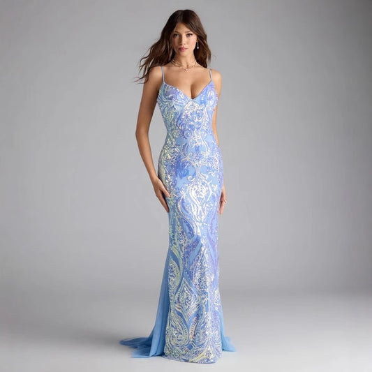 Blue Sequined V Neck Evening Dress in - by Malbusaat