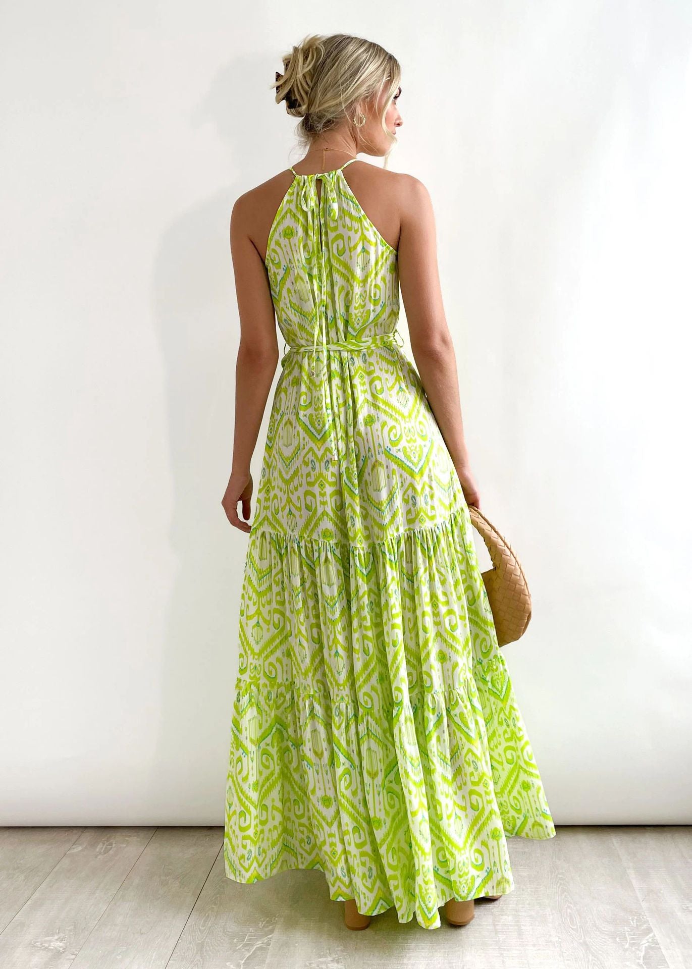 Printed Halter Neck Belted Tiered Maxi in - by Malbusaat