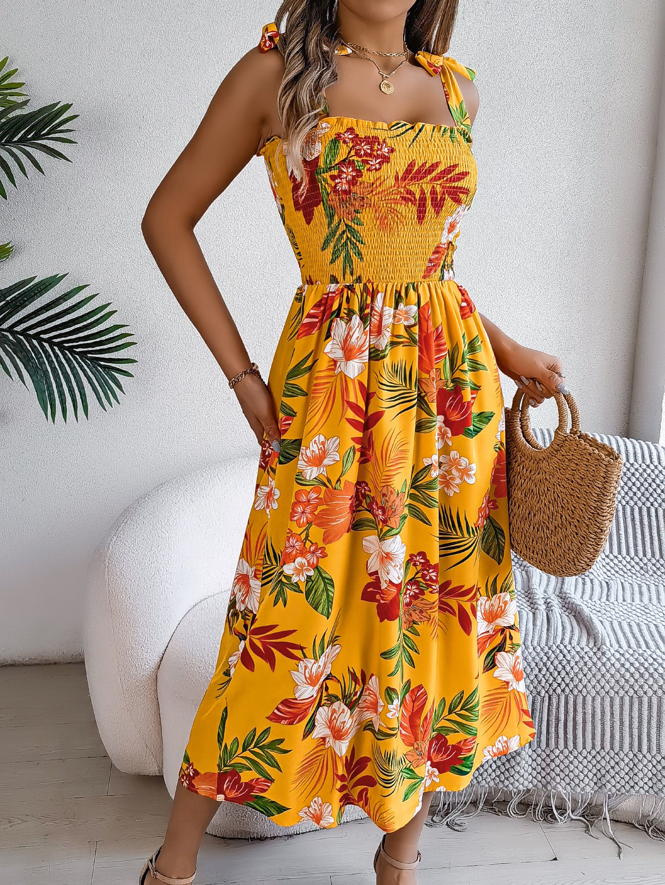 Boho Floral Maxi Dress in Yellow - by Malbusaat