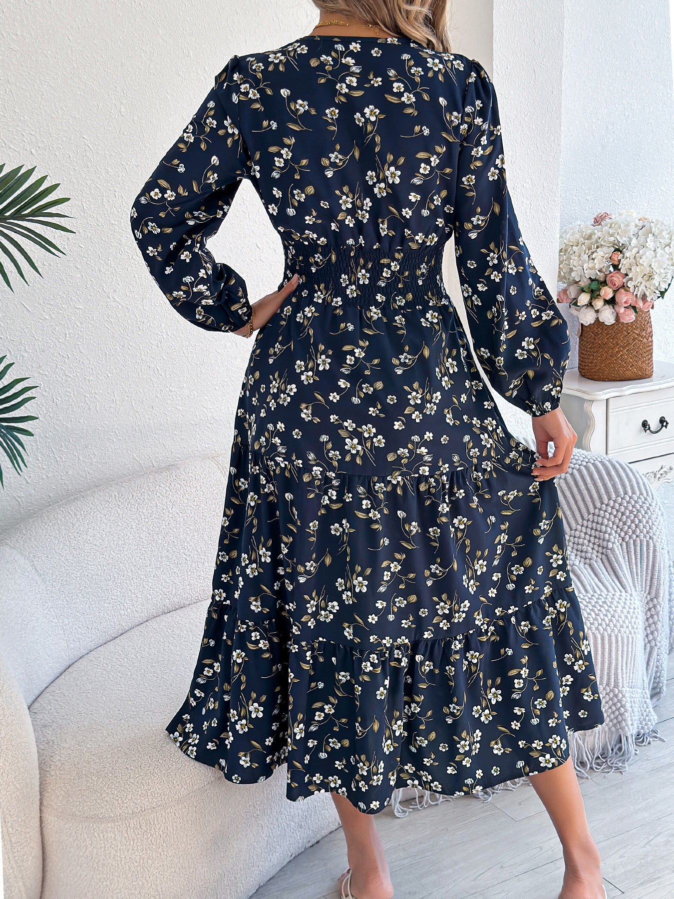 Floral V-Neck Long Sleeve Midi Dress in - by Malbusaat