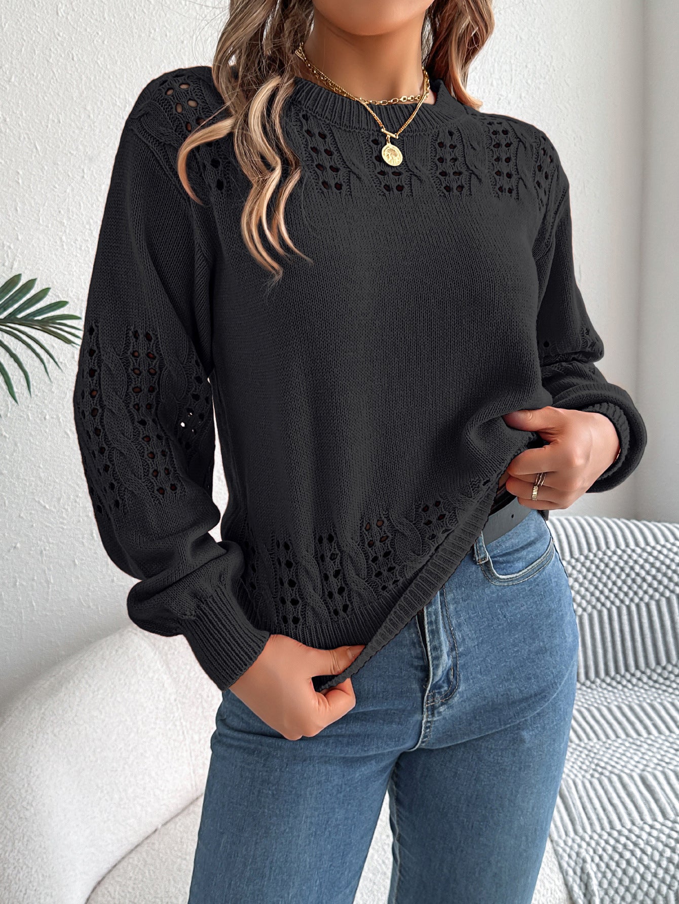Cutout Lantern Sleeve Pullover in Black - Sweatshirt by Malbusaat