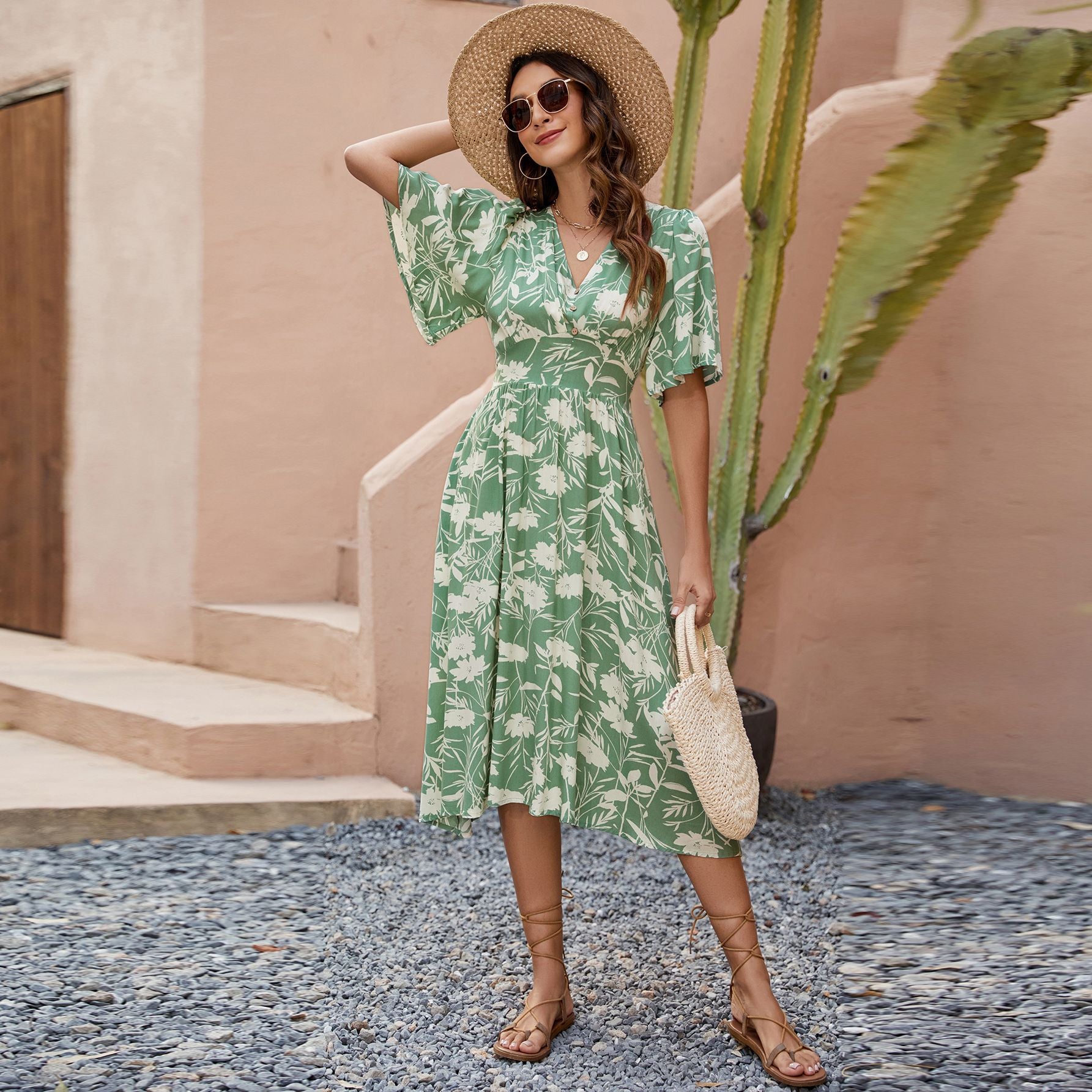 Floral V-Neck Butterfly Sleeve Midi A-Line Dress in - by Malbusaat