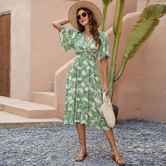 Floral V-Neck Butterfly Sleeve Midi A-Line Dress in - by Malbusaat