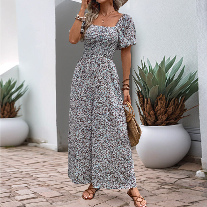 Slim Fit Printed Square Neck Jumpsuit in Blue - by Malbusaat